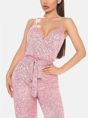 Sequin Sleeveless Jumpsuit With Belt