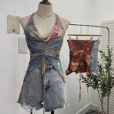 Pydshop Women'S Resort Swing Collar Drawstring Strap Halter Vest Tie-Dye Mesh Top Sexy Backless Irregular Vest Party Leisure Essential