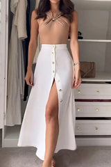 Casual Solid Color Buckle Halter Sleeveless Two Pieces