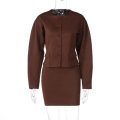 Pydshop Fashion Cardigan Skirt Two Pieces Set Female Button Long Sleeve Top Slim Solid Mini Skirt Chic Matching Set Autumn Casual
