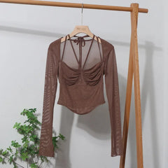 Pydshop Women Square Neck Tie Halter Mesh See Through Long Sleeve T-Shirt Sexy Lce Up Slim Fit Short Slit Cuff Top Partyclub Streetwear