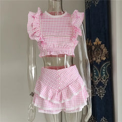 Pydshop High Quality 2023 Sunday Set Elastic Waistband Cropped Top With Ruffle Detail And Cute Ruffle Mini Shorts Skirts