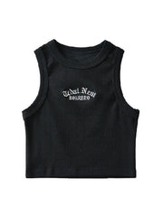 Letter Embroidery Ribbed Cropped Tank Top