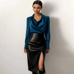 High Waist Split Trim Vegan Midi Skirt - Black