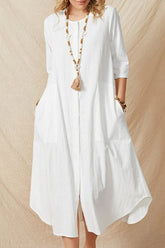 Casual Solid Pocket Buckle O Neck A Line Dresses