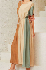 Casual Color Lump With Belt Contrast O Neck Dresses
