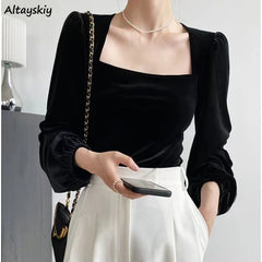 Pydshop Black Velvet Blouses Women Solid Minimalist Slim Elegant Blusas Ropa Mujer Square Collar Long Sleeve Autumn Tops Fall Outfits 2023