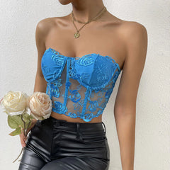 Tulle Crop Corset Tube Top - Blue