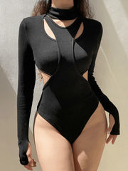 Black Patchwork Cutout Long Sleeve Bodysuit