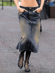 Vintage Patchwork Distressed Long Denim Skirt
