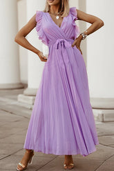 Elegant Solid Flounce Strap Design V Neck Pleated Dresses(6 Colors)