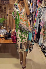 Casual Street Letters Leopard Irregular V Neck A Line Short Sleeve Dress(3 Colors)