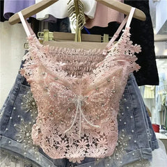 Pydshop Women Clothing Heavy Beading Floral Tank Sexy Crop Tops Ropa Mujer Lace Butterfly Top Navel Baring Sexy Cropped Top Summer Camis