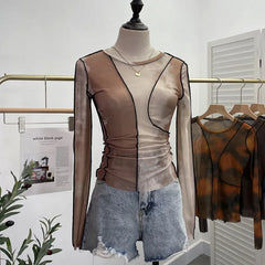 Pydshop Retro Smudged Print Sexy See Through Mesh Bottoming Shirt Slim Long Sleeved Top Y2K T-Shirt Party Leisure Essential Streetwear