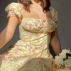 Floral Puff Sleeve Split A-Line Summer Dress