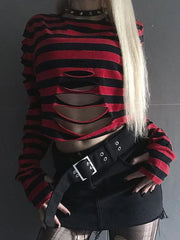 Pydshop Women Goth Punk Long Sleeve Crewneck Striped T Shirt Y2K Grunge Cutout Crop Tops Halloween Christmas Pullover Top
