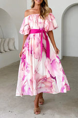 Elegant Floral Print Lace Up Off Shoulder A Line Dresses
