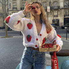 Cute Strawberry Studded Bishop Sleeve Cardigan - White