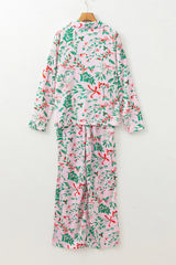 Pink Christmas Berries Plant Print Satin Long Sleeve Pajama Set