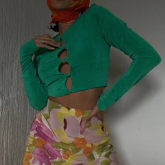 Round Neck Long Sleeve Crop Top - Green