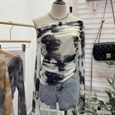 Pydshop Retro Tie Dye Pleated One Shoulder Long Sleeved T-Shirt For Women Summer Sexy See Through Mesh Irregular Top Y2K Partyclub Wear