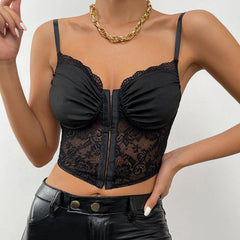 Romantic Bustier Hook And Eye Cropped Sheer Floral Lace Top - Black