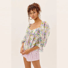Pydshop 2023 Summer Beach Style Holiday Floral Woman Shirts Beach Vocation Ladies Mini Blouse Top