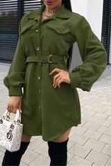 Fashion British Style Solid Pocket Buckle With Belt Turndown Collar Dresses