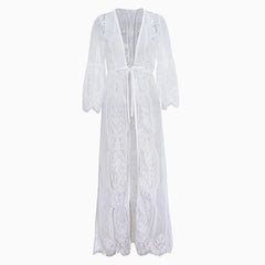 Sweet Eyelash Lace Half Sleeve Tie Front Maxi Cover Up - White