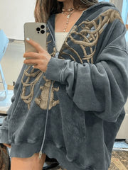 Velvet Skeleton Graphic Zip Up Hoodie
