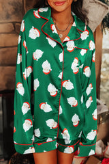 Green Christmas Santa Claus Print Satin Shirt And Shorts Set