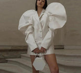 Loose Beige Satin Puff Sleeve Mini Jacket Dresses