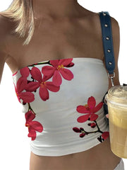 Pydshop Floral Print Strapless Tube Tops Summer Y2K Smocked Crop Tops Women Sexy Slim Fit Off Shoulder Backless Bandeau Tops Streetwear