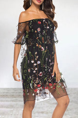 Elegant Animal Flowers Leaves Lace Embroidered Off The Shoulder A Line Dresses