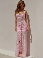 Backless Bodycon Lace Ruched Maxi Dress