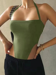 Solid Color Slash Halter Bodysuit