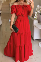 Casual Solid Patchwork Off The Shoulder Short Sleeve Dress Dresses
