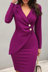 Elegant Solid Patchwork Buckle Turn-Back Collar Wrapped Skirt Dresses(4 Colors)