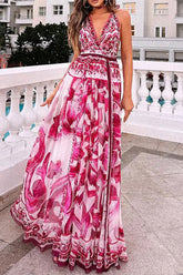 Sexy Vintage Print Floral Backless Halter Printed Dresses
