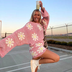 Cute Floral Print Pullover Knit Shorts Matching Set - Pink