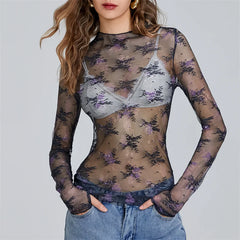 Pydshop Chic Sheer Tops For Women Long Sleeve Mock Neck Lace Mesh Top Sexy See Through Floral Tee Shirt Layering Blouse Y2K Streetwear