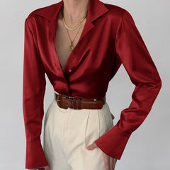 Pydshop 2024 V Neck Long Sleeve Satin Shirt Women Elegant Autumn Winter Black Fashion Blouse Lady Office Tops