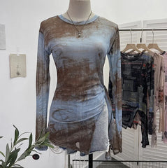 Pydshop Women'S Retro Tie Dye Printed Mesh Bottoming Long Sleeve Top Sexy See-Through Irregular Strappy Short T-Shirt Party Streetwear