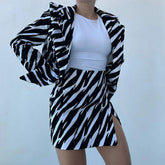 Zebra Print Blazer Split Mini Skirt Matching Set - Black
