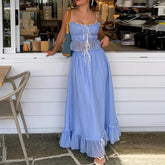 Pydshop Fairy Vintage Outfits Streetwear Elegant Holiday 2 Piece Ruffles Front Tie Up Crop Top Camis + High Waist A-Line Maxi Long Skirt