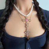 Cross Diamond Pearl Necklace