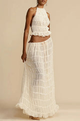 Sexy Vacation Solid Frenulum See-Through Backless Halter Sleeveless Two Pieces(7 Colors)