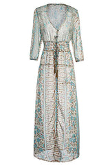 Bohemian Print Frenulum Buckle Slit V Neck Dresses