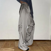 Whimsical Low Waist Satin Wide Leg Baggy Pants - Gray