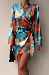 Fashion Patchwork Tie-Dye V Neck Pencil Skirt Dresses(3 Colors)